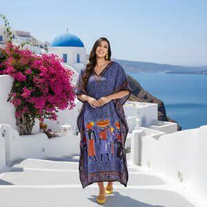 Gypsie Blu Lady Tribal Printed Summer Beach CoverUp Blue Caftan Dress for Ladies